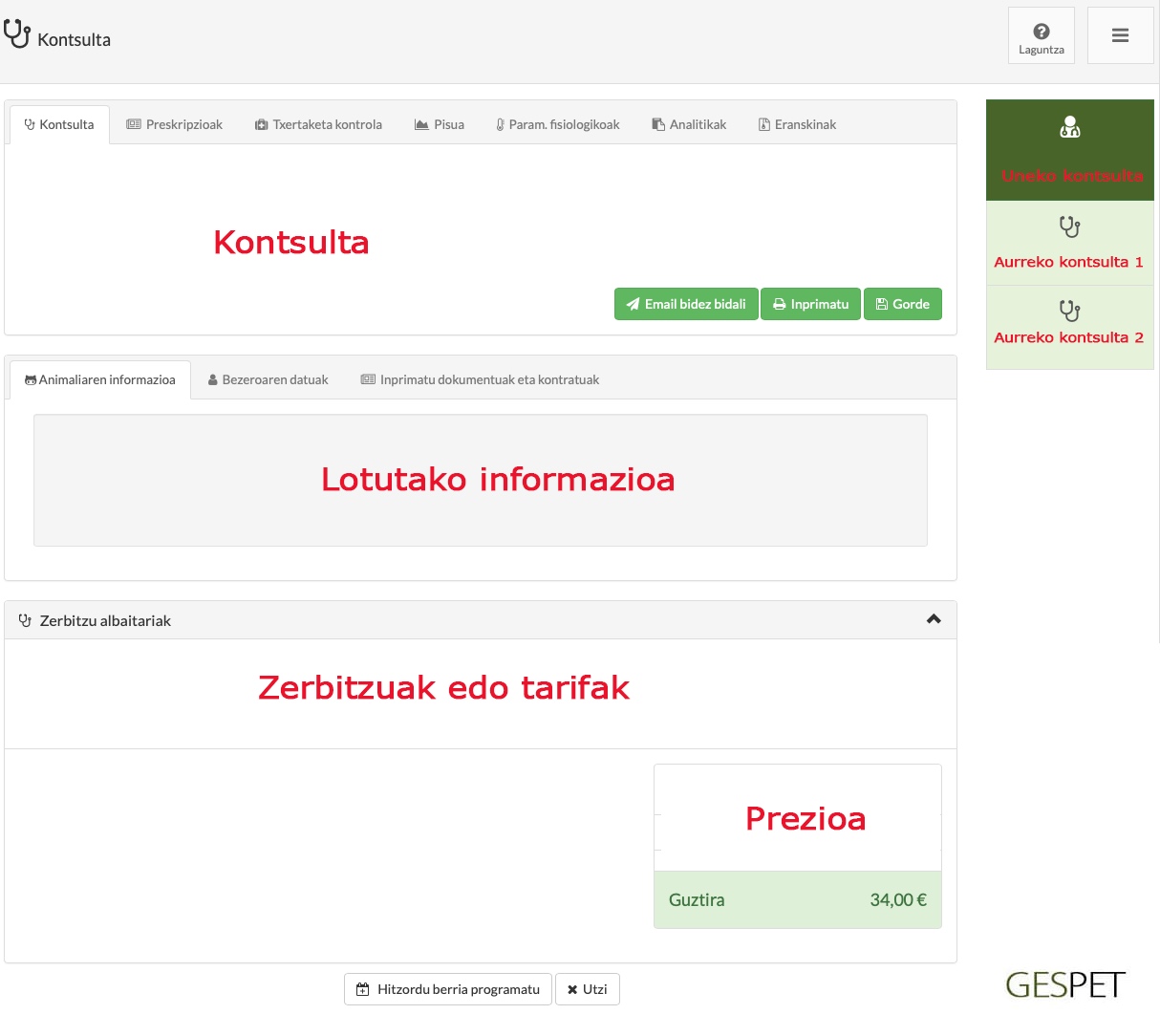 albaitaritza kontsulten softwarearen pantaila historia klinikoa tratamenduak txertoak eta fakturazioa kudeatzeko